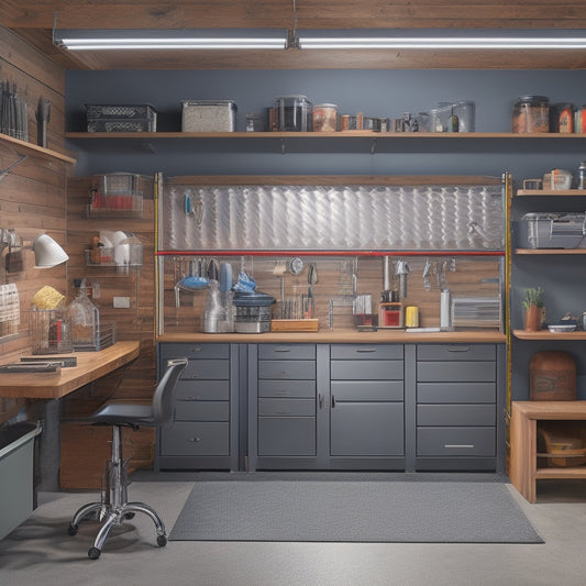 A clutter-free garage with a slatwall system, sleek metal cabinets, and a workstation featuring a butcher-block countertop, surrounded by neatly organized tools and accessories.