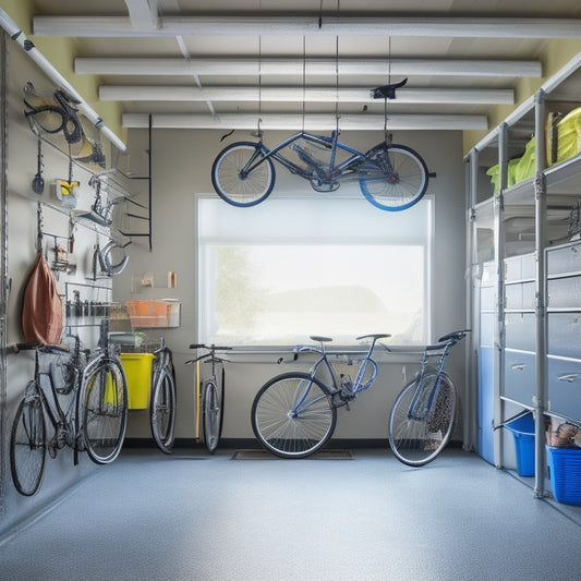A clutter-free small garage with a bicycle suspended upside down from the ceiling by sturdy metal hooks, surrounded by organized tools and storage bins, with a reflective floor and soft natural light.