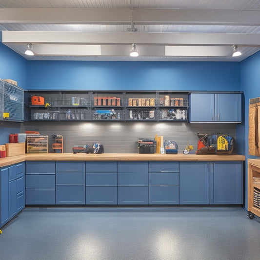 A clutter-free garage with sleek, floor-to-ceiling cabinets, a slatwall with hooks and bins, and a custom workbench with built-in drawers and a vice, illuminated by bright overhead lighting.