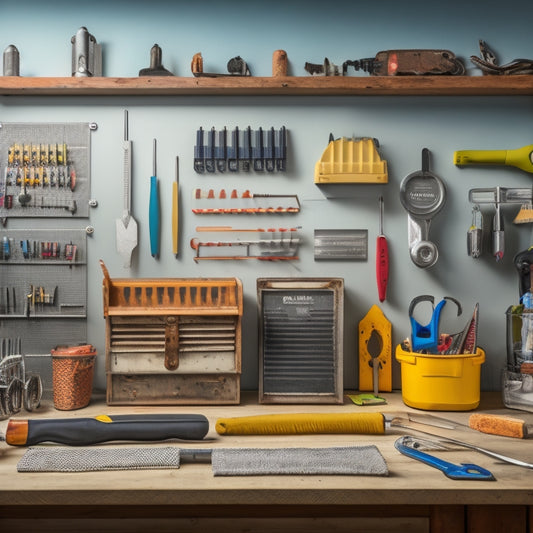 A clutter-free workshop with a large, silver, corner-mounted grid holder showcasing an assortment of neatly organized tools, including wrenches, pliers, and screwdrivers, against a clean, gray background.