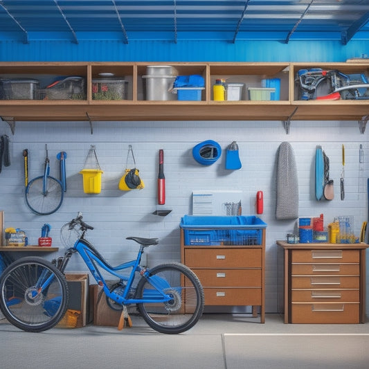 A tidy garage interior with a pegboard on the wall, bins labeled with icons, a toolbox on a shelf, and a floor cleared of clutter, with a few scattered tools and a bike in the background.