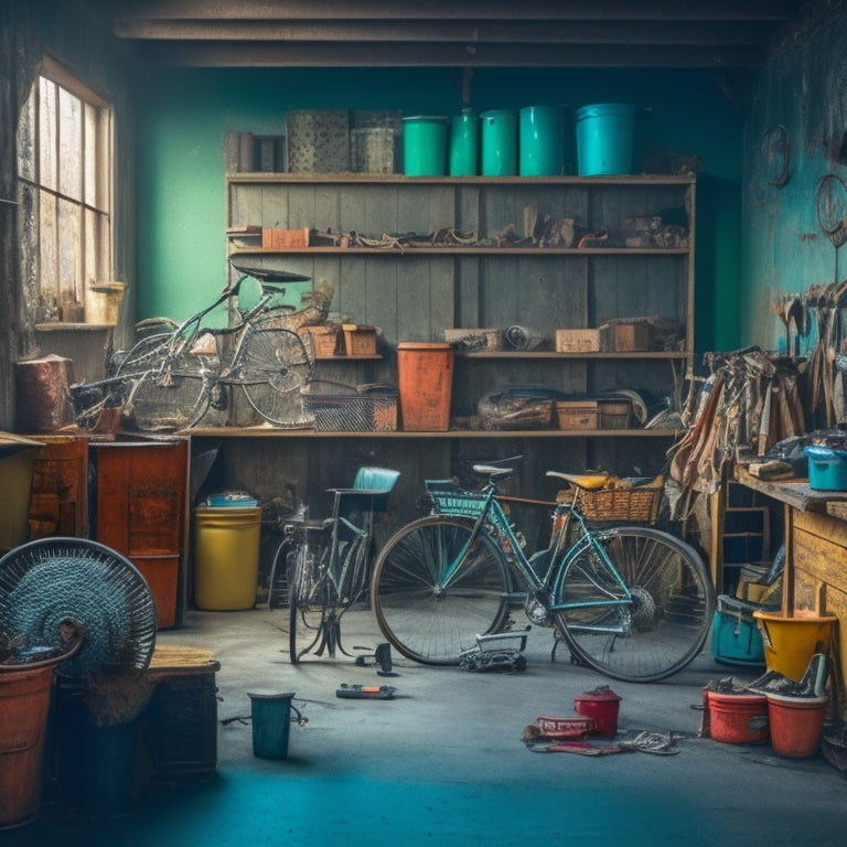 An image of a cluttered garage with old boxes, rusty bicycles, and cobwebs, contrasted with a small, organized section in the corner featuring a few neatly arranged tools and a clean, shiny floor.