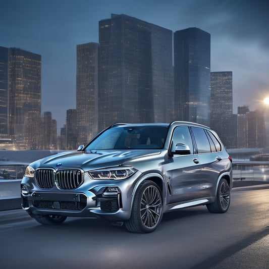 A sleek, silver BMW X5 parked in front of a blurred cityscape at dusk, with neon lights reflecting off its polished hood, surrounded by subtle, swirling lines hinting at speed and innovation.