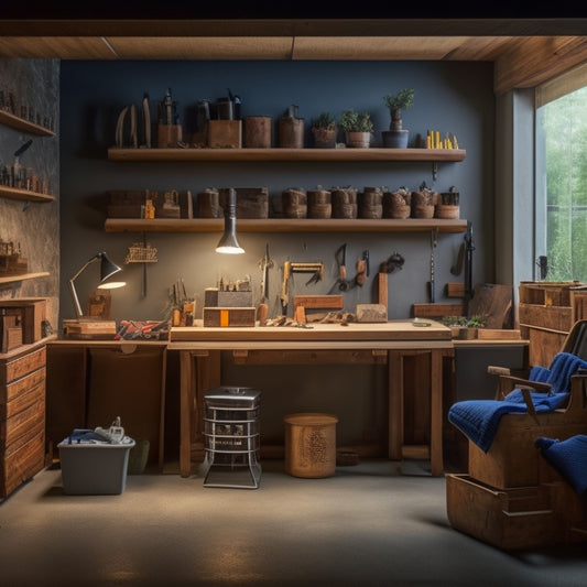 A well-organized workshop with a sturdy wooden workbench, surrounded by wall-mounted tool holders, baskets, and a pegboard, illuminated by a combination of natural light and LED strips, set against a clean, gray concrete floor.