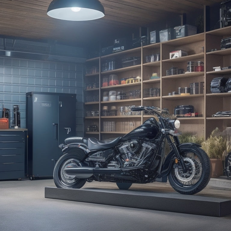 A well-lit, organized garage with a sleek, black motorcycle centered, surrounded by various storage solutions: wall-mounted hooks, shelving units, and a floor-to-ceiling storage rack with labeled bins.