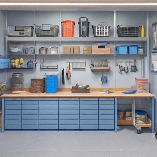 A clutter-free garage with a slatwall featuring hooks, bins, and baskets, a workbench with built-in cabinets, and a floor-to-ceiling shelving unit with labeled storage containers.