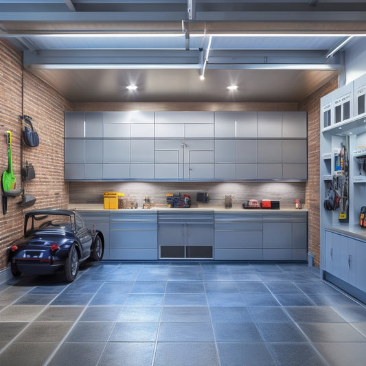 A well-lit, modern garage with sleek, silver cabinets, a slatwall with hooks, and a floor-to-ceiling storage system, featuring a sports car parked in the center, surrounded by neatly organized tools and accessories.