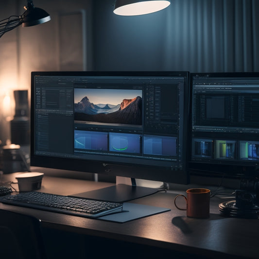 A darkened editing suite with a single spotlight shining on a sleek, modern desktop computer displaying Adobe Premiere Pro's interface on its screen, surrounded by scattered film reels and camera lenses.