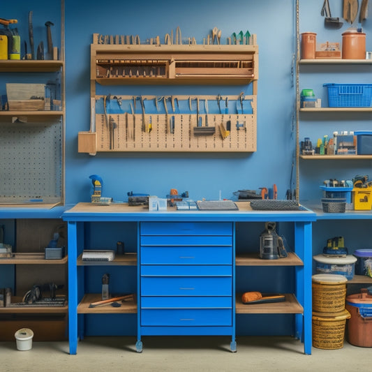 A well-organized workshop with a pegboard covered in neatly hung tools, a rolling cabinet with labeled drawers, and a workbench with a built-in vice and a tray for small parts.