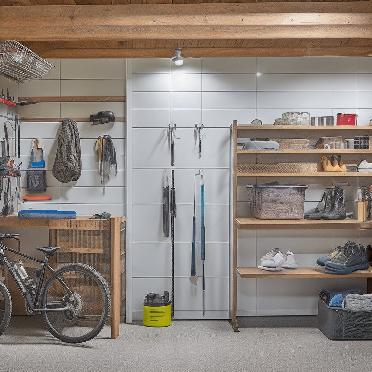 A well-lit, clutter-free garage with a pegboard displaying organized outdoor gear, including a bike, kayak, and hiking boots, surrounded by sleek storage bins and a workbench with a few neatly arranged tools.