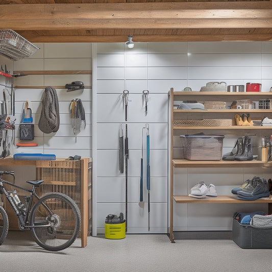 A well-lit, clutter-free garage with a pegboard displaying organized outdoor gear, including a bike, kayak, and hiking boots, surrounded by sleek storage bins and a workbench with a few neatly arranged tools.
