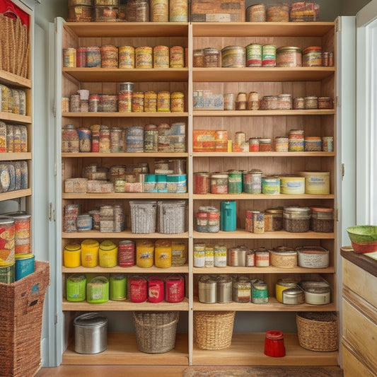 A tidy pantry with wooden shelves, featuring a DIY can storage system made of repurposed wooden crates, adorned with rustic metal labels, and filled with a variety of colorful canned goods.