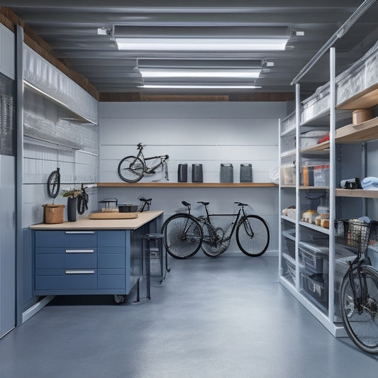 A well-organized garage with a sleek epoxy-coated floor, grey cabinets, and a slatwall with mounted bicycles, tools, and bins, under a ceiling with recessed lighting and a loft storage area above.