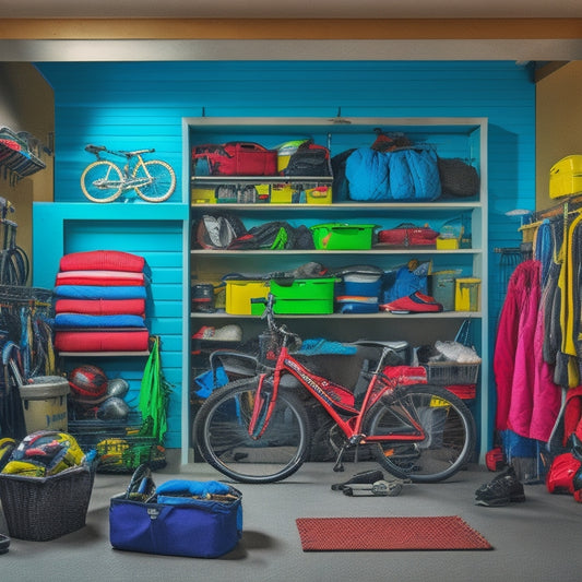 A cluttered garage interior with bicycles, tools, and boxes stacked haphazardly, a soccer ball and stroller in the corner, and a family's worth of outdoor gear spilling out of open cabinets.