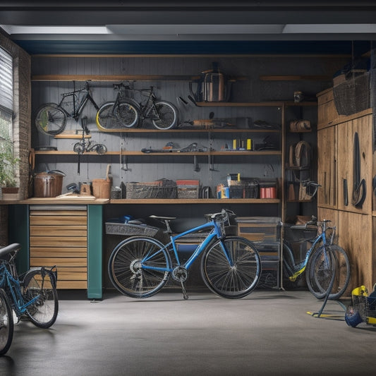 A cluttered garage with scattered tools, bikes, and sports equipment, contrasted with a sleek, organized garage featuring custom storage cabinets, bins, and a slatwall with neatly hung items.