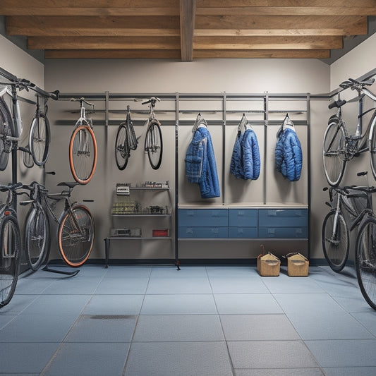 A well-organized garage with a sleek, metallic bike rack system, featuring three bicycles suspended from the ceiling, and three shelves made of sturdy wood, holding helmets, gloves, and bike accessories.