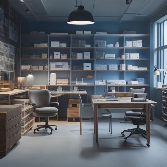 A tidy, well-lit storage room with rows of sleek, labeled drawers and shelves, holding neatly rolled blueprints, folders, and binders, surrounded by minimal clutter and a single, ergonomic chair.