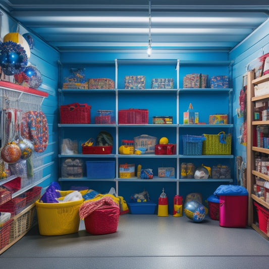 A tidy garage with organized shelves, storage bins, and hooks, showcasing a neatly arranged collection of seasonal decorations, including inflatables, lights, and ornaments, with a hint of natural light.