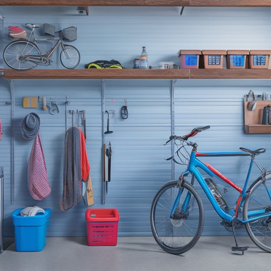 A well-organized garage with a slatwall, hooks, and bins, featuring a parked bicycle, a few tools on a pegboard, and a sleek, modern workbench with built-in storage.