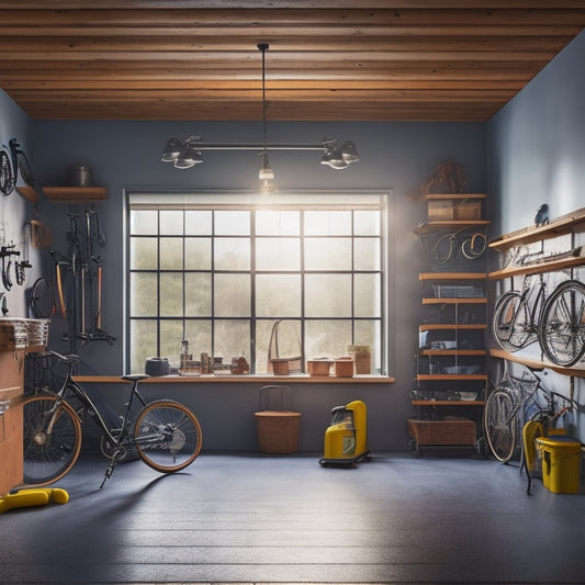 A well-organized garage with a sleek epoxy-coated floor, bicycles suspended from the ceiling, and a pegboard adorned with neatly arranged tools, surrounded by natural light pouring in through a large window.