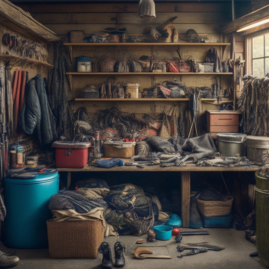 A cluttered garage with hunting gear overflowing from shelves, hooks, and bins, with camouflage clothing, rifles, bows, and fishing rods tangled together, amidst scattered bullets, arrows, and tackle.