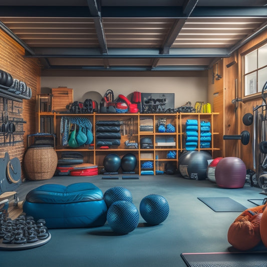 A cluttered garage gym with weights, mats, and equipment scattered around a parked car, contrasted with a tidy, organized space featuring custom storage solutions, such as floor-to-ceiling shelves and cabinets.