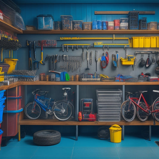 A neatly organized garage with rows of identical, transparent bins on shelves, each containing distinct items like wrenches, screwdrivers, and bike helmets, with colorful labels and a few tools on a nearby workbench.