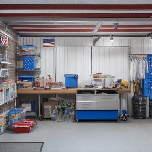 A cluttered garage transforms into an organized space with sleek, silver shelving units, labeled bins, and a slatted ceiling storage system, amidst a backdrop of North American flags and cityscapes.