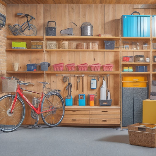 A well-organized garage with a slotted wall system, wooden shelves, and labeled bins, showcasing bicycles, tools, and storage containers, with a bright and clean background, and natural lighting.