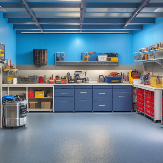 A well-lit, clutter-free garage with designated zones: a sleek workbench with tool organizers, a storage area with labeled bins, and a parking space with a reflective epoxy floor.