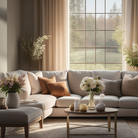 A warm and inviting living room with a plush sectional sofa, a vase with fresh flowers on a wooden coffee table, and a large window with soft, white curtains, illuminated by natural light.