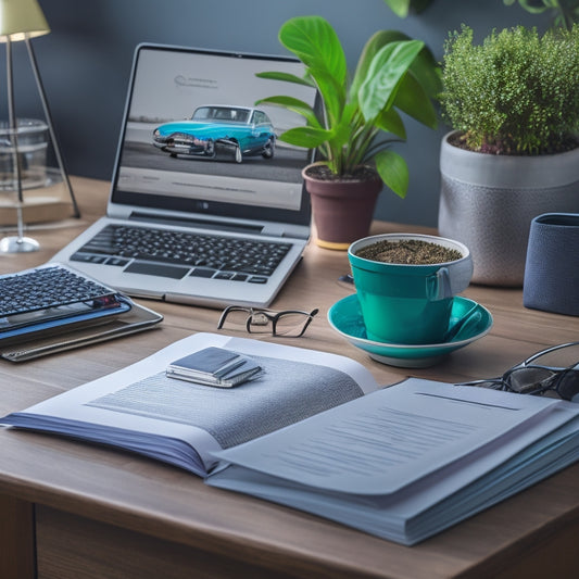 A tidy desk with a sleek, silver laptop and a neatly organized stack of vehicle documents, topped with a colorful paperclip, surrounded by a few scattered pens and a small potted plant.