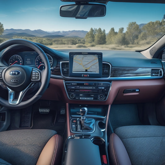 A cluttered car interior with a Kia infotainment screen displaying a "storage full" error message, surrounded by scattered maps, GPS devices, and a frustrated driver in the background.