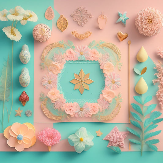 A stylized, modern illustration featuring a combination of intricate floral patterns, geometric shapes, and trendy icons, set against a pastel-colored background, with a Cricut and Silhouette machine subtly integrated.