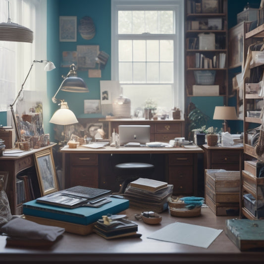 A serene, organized room with a few scattered objects, a tidy desk, and a calm background, contrasted with a chaotic, cluttered corner in the background, with overflowing shelves and messy floors.