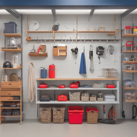 A well-organized garage with a slatwall featuring hooks, bins, and baskets, a pegboard with tools, a shelving unit with labeled containers, and a floor with a sleek epoxy finish.