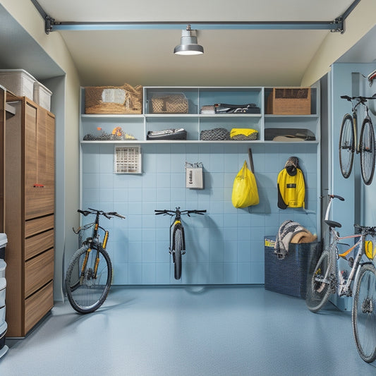 A clutter-free garage with a sleek, gray epoxy floor, featuring a pegboard with hooks holding a mountain bike, a surfboard, and various sports equipment, surrounded by stainless steel cabinets and bins.