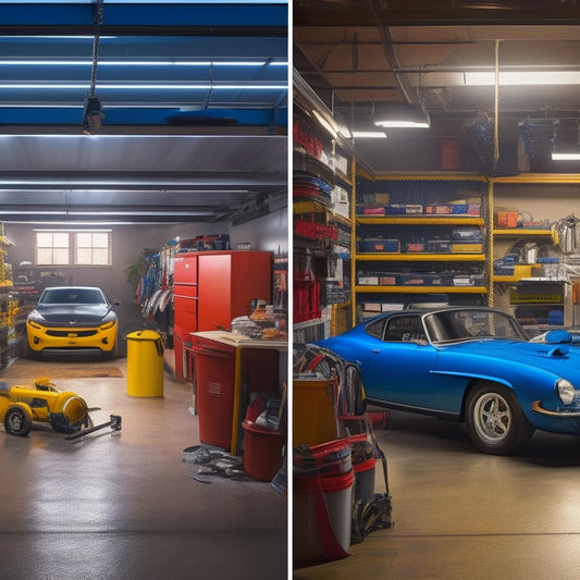 A before-and-after split-screen image: a cluttered, dimly lit garage with tools scattered on the floor, against a transformed garage with organized shelving, a sleek epoxy floor, and a few well-placed sports cars.
