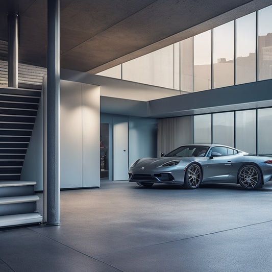 A sleek, modern garage with a minimalist aesthetic, featuring a silver sports car, polished concrete floors, and a staircase leading to a loft with large windows and a cityscape view.