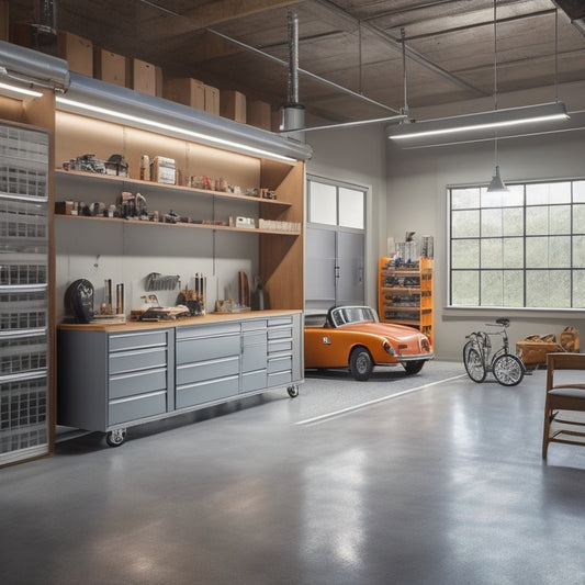 A modern, well-lit garage with sleek concrete floors, wooden cabinets, and a silver sports car in the center, surrounded by customizable tool stations and adjustable shelving units.