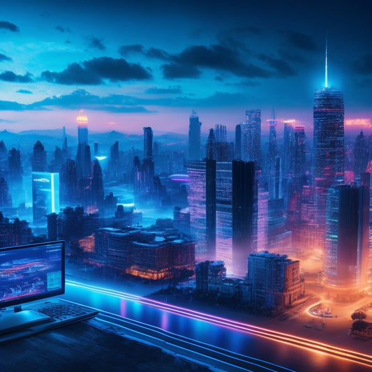 A futuristic, neon-lit cityscape with glowing screens and laptops, surrounded by swirling clouds of codes, gears, and lightbulbs, symbolizing the rapidly evolving online learning landscape.