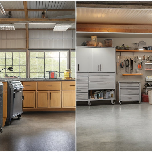 A before-and-after split-screen image: a cluttered, worn-out garage with old cabinets and faded epoxy floors on the left, and a rejuvenated garage with sleek shelving, polished concrete, and a slatwall on the right.