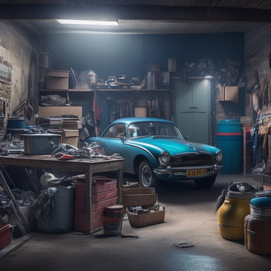 A cluttered garage with a car squeezed between piles of boxes, tools, and forgotten items, dimly lit with a single flickering overhead light, and a hint of dust and cobwebs in the air.