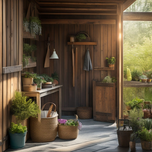 A serene, well-organized shed with a sliding barn door, wooden shelves, and rustic metal hooks, surrounded by lush greenery and a few gardening tools, with warm sunlight peeking through the windows.