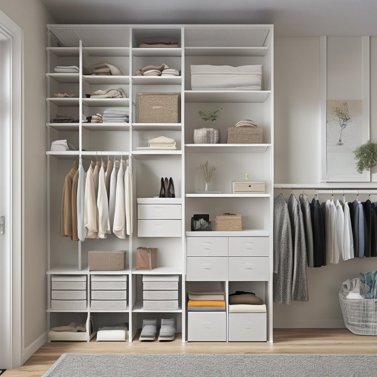 A tidy, minimalist closet with a floor-to-ceiling shelving unit, stacked neatly with 10 identical, compact storage bins, and a few carefully folded clothes on a shelf, with a small, sleek ladder leaning against the wall.