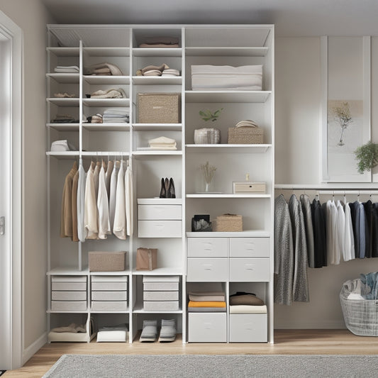 A tidy, minimalist closet with a floor-to-ceiling shelving unit, stacked neatly with 10 identical, compact storage bins, and a few carefully folded clothes on a shelf, with a small, sleek ladder leaning against the wall.
