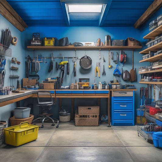 A cluttered garage with scattered tools and boxes, transformed into an organized space with overhead storage racks, bins, and hooks, showcasing a sleek and efficient assembly.