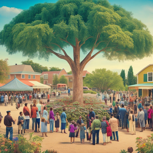 A vibrant illustration of a diverse community gathering around a large, blooming tree, surrounded by icons of local resources, such as a farmers' market, clinic, and community center.