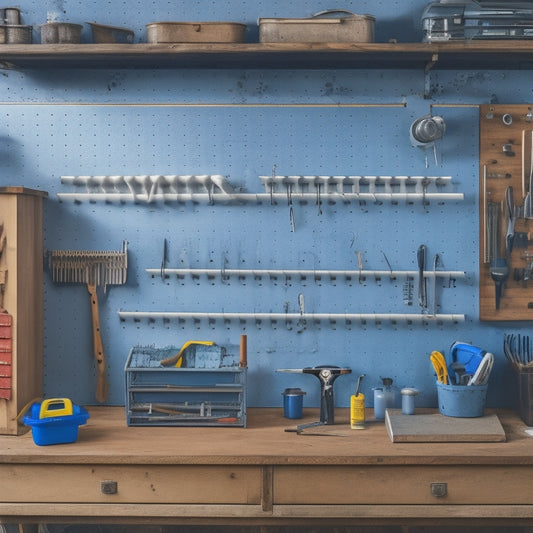 A clutter-free workshop with a pegboard adorned with neatly hung tools, a nearby toolbox with dividers, and a workbench featuring a customized storage system with small drawers and a vise.