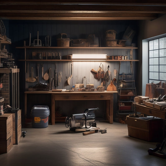A well-lit garage with a partially built shelving unit in the foreground, featuring wooden planks, metal brackets, and a few power tools scattered around, against a clean and organized background.